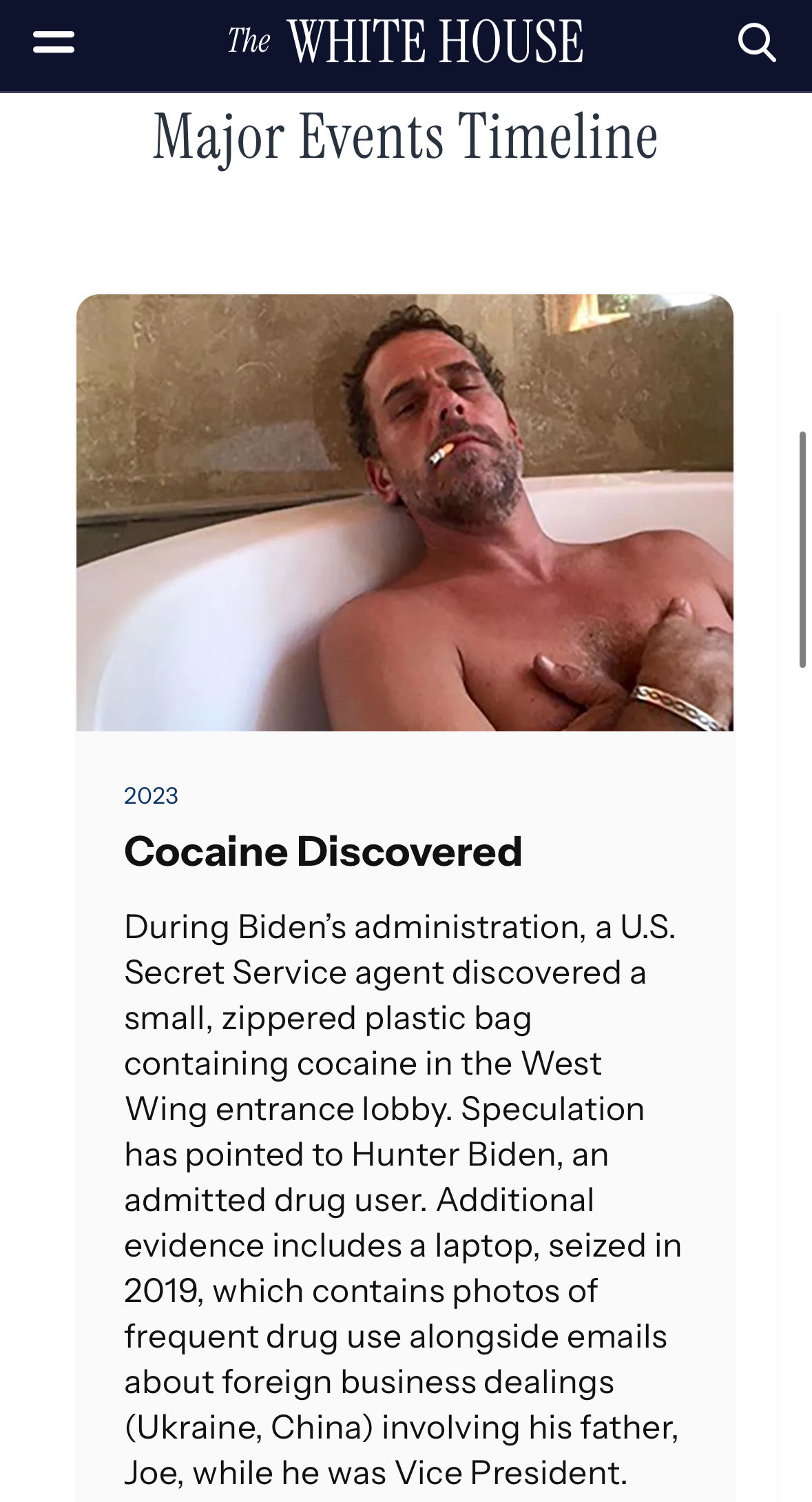 Image of a man in a bathtub, appearing relaxed and smoking, related to a news story about a cocaine discovery in the White House.