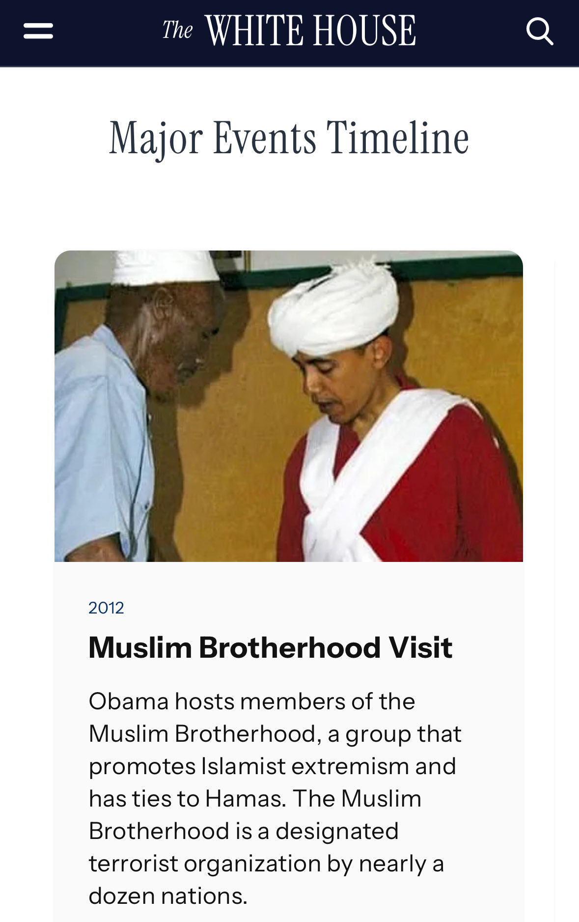 Image depicting a significant 2012 event where Obama meets with members of the Muslim Brotherhood, highlighting the organization's controversial ties and designation as a terrorist group.