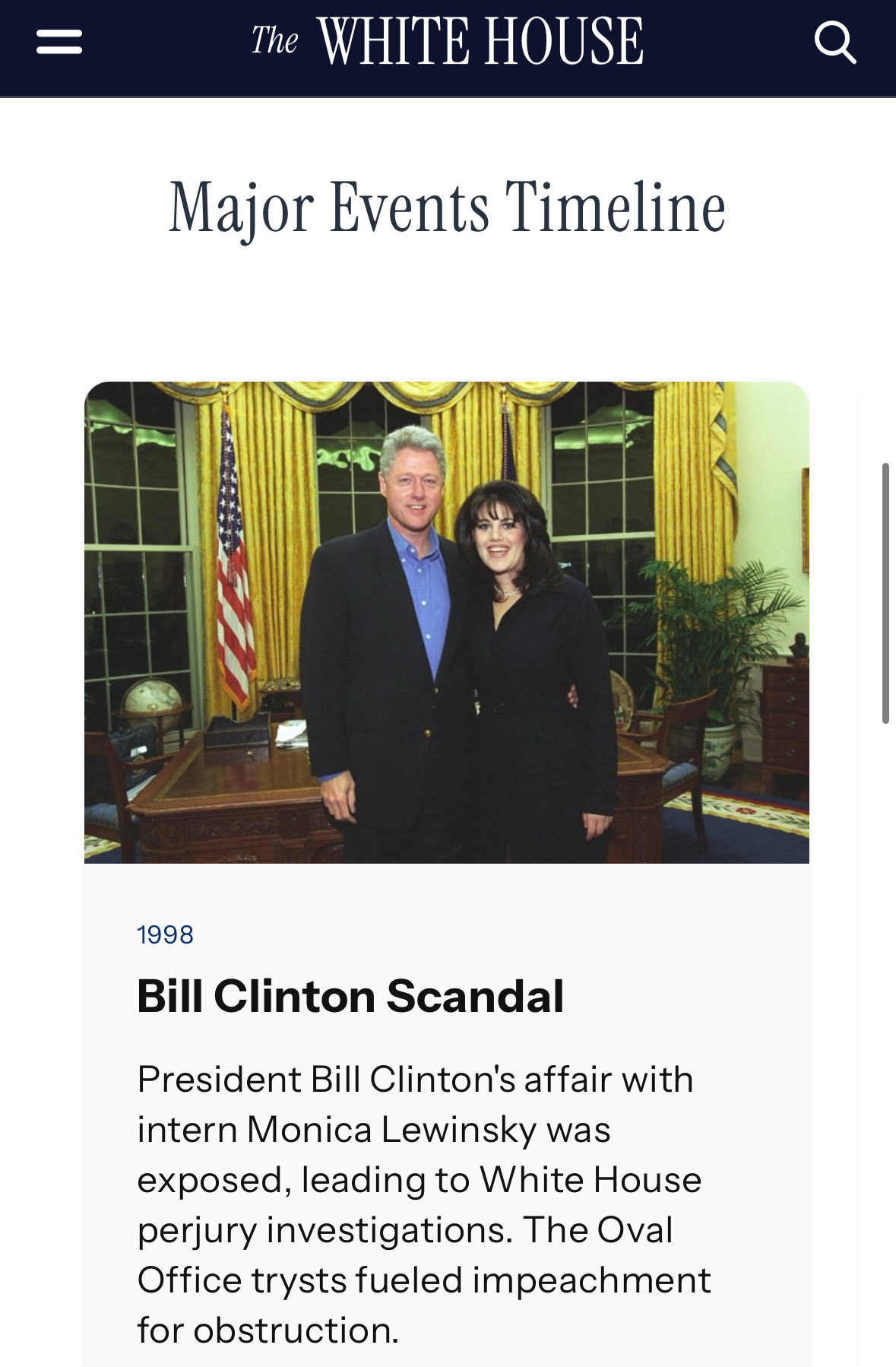 Bill Clinton and Monica Lewinsky pose in the Oval Office, highlighting the 1998 scandal that led to impeachment proceedings.