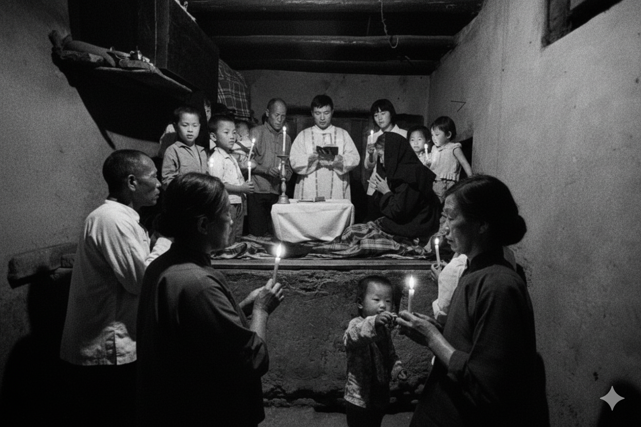 A group of people of various ages participate in a candlelit ceremony in a dimly lit room, creating a solemn and communal atmosphere.