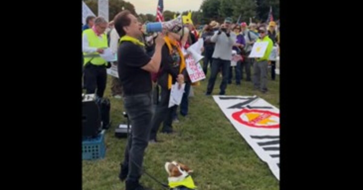 A speaker using a megaphone addresses a crowd of protesters holding signs at an outdoor rally, with a dog wearing a vest nearby.