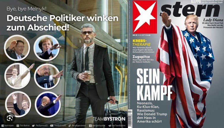 Collage of political figures waving goodbye, featuring prominent German politicians and a magazine cover with Donald Trump draped in an American flag.