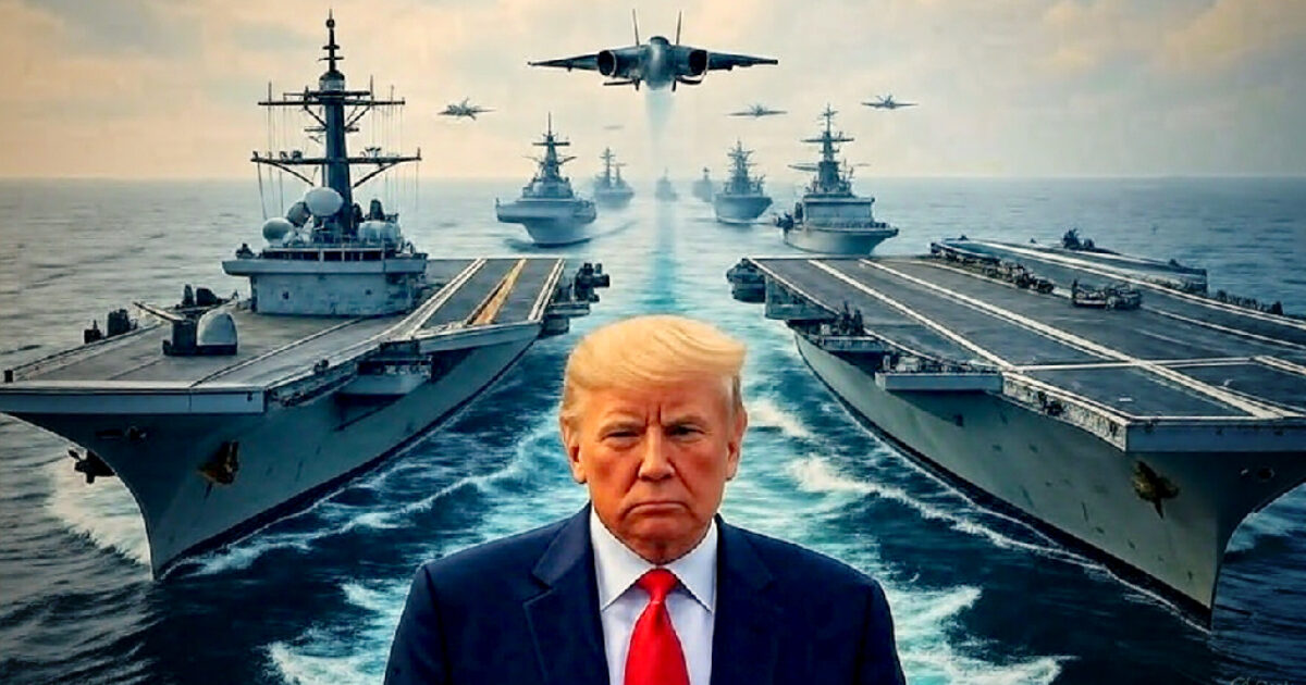 Donald Trump stands in front of a fleet of aircraft carriers and military jets in a dramatic ocean setting, symbolizing naval power and military strength.