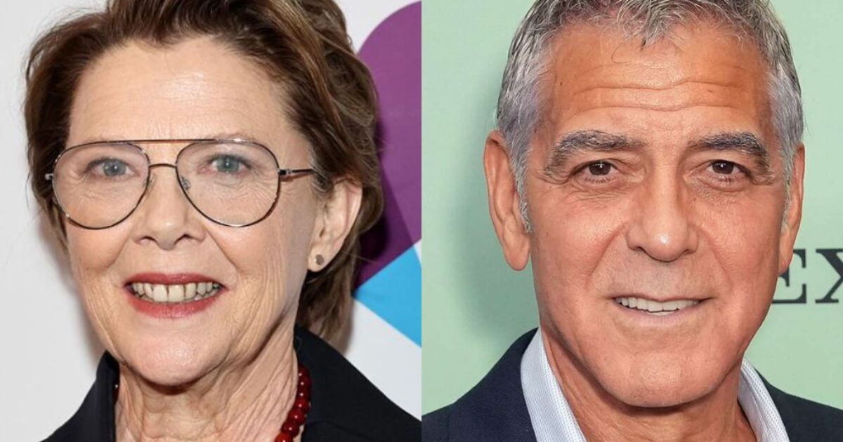 Portrait of two well-known actors, one with short hair and glasses, and the other with gray hair and a friendly smile, set against simple backgrounds.