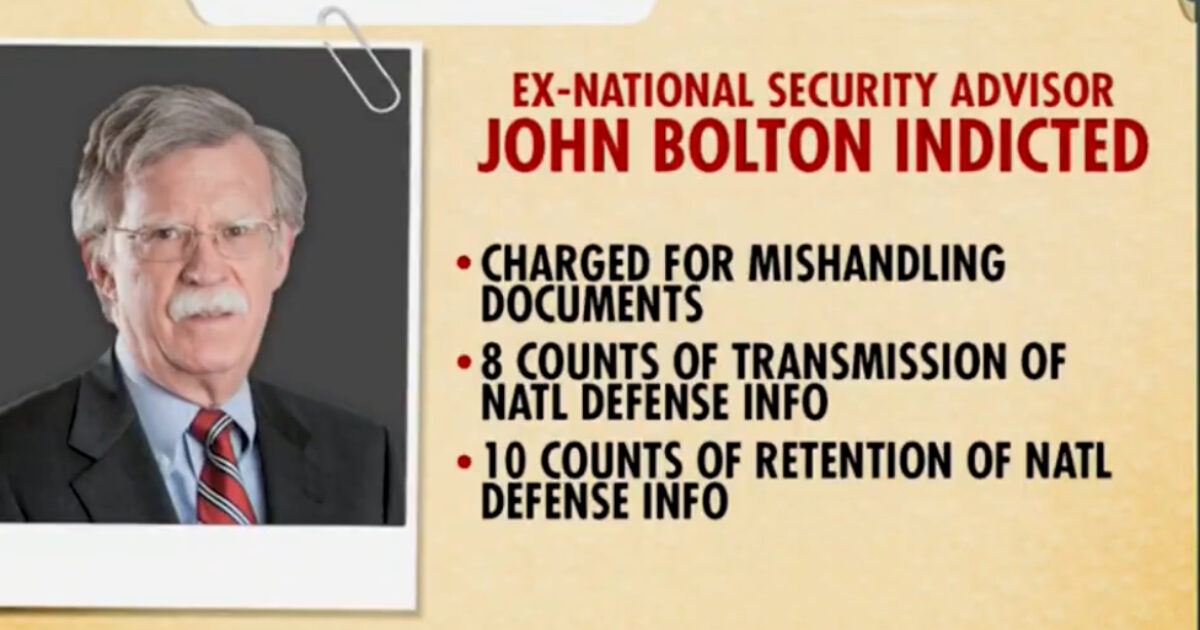 Image of John Bolton's indictment announcement, detailing charges for mishandling documents, including eight counts of transmission and ten counts of retention of national defense information.