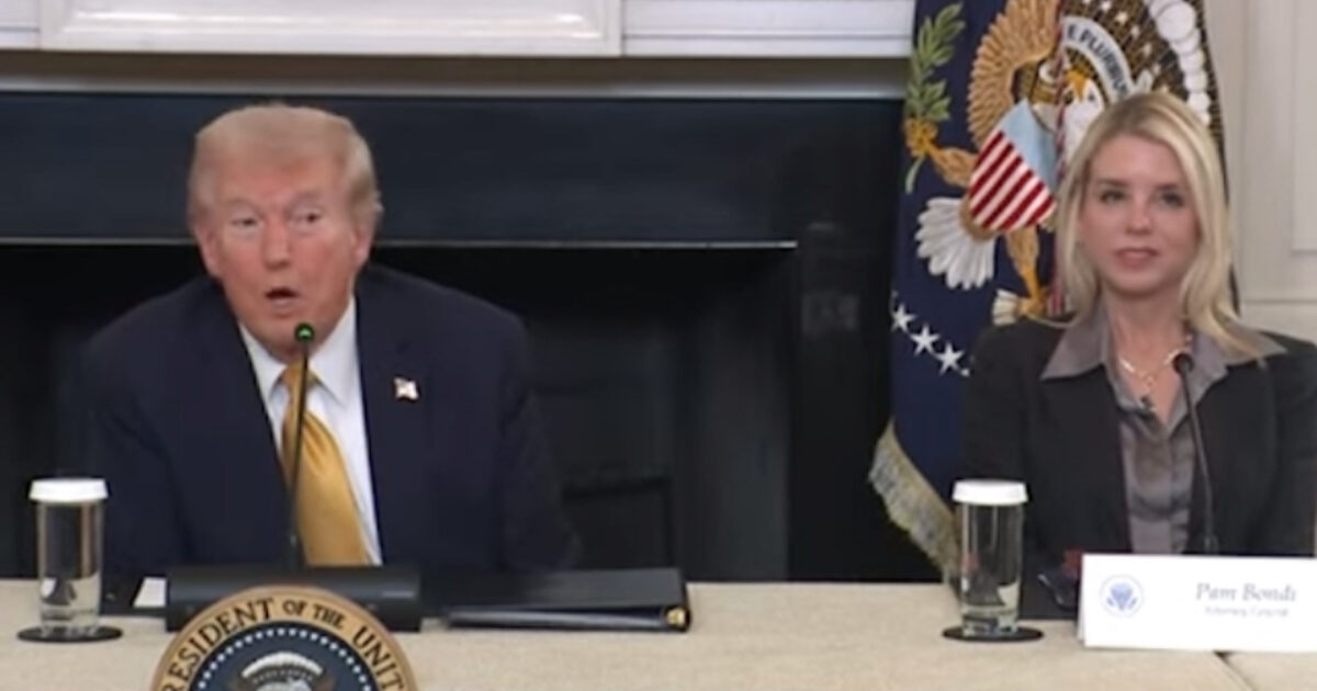 Donald Trump and Pam Bondi participate in a discussion at a roundtable event, addressing key issues with the presidential seal visible in the background.