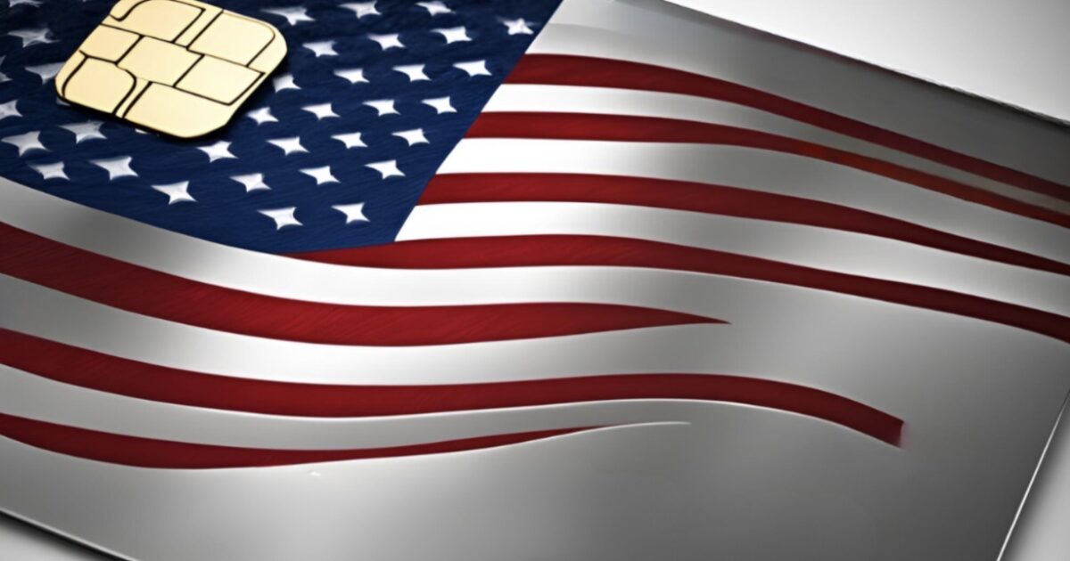 SIM card overlaying a stylized American flag, symbolizing connectivity and technology in the USA.