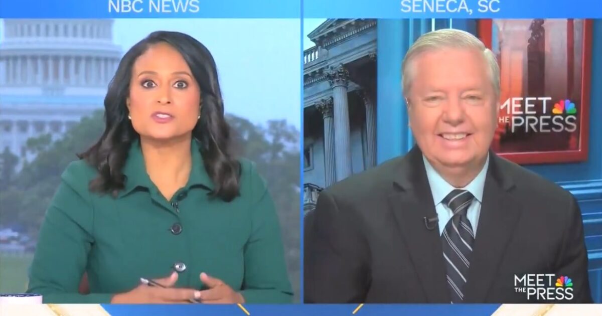 NBC News broadcast featuring a host and a guest discussing current events, with a backdrop of the U.S. Capitol and a graphic for Meet the Press.
