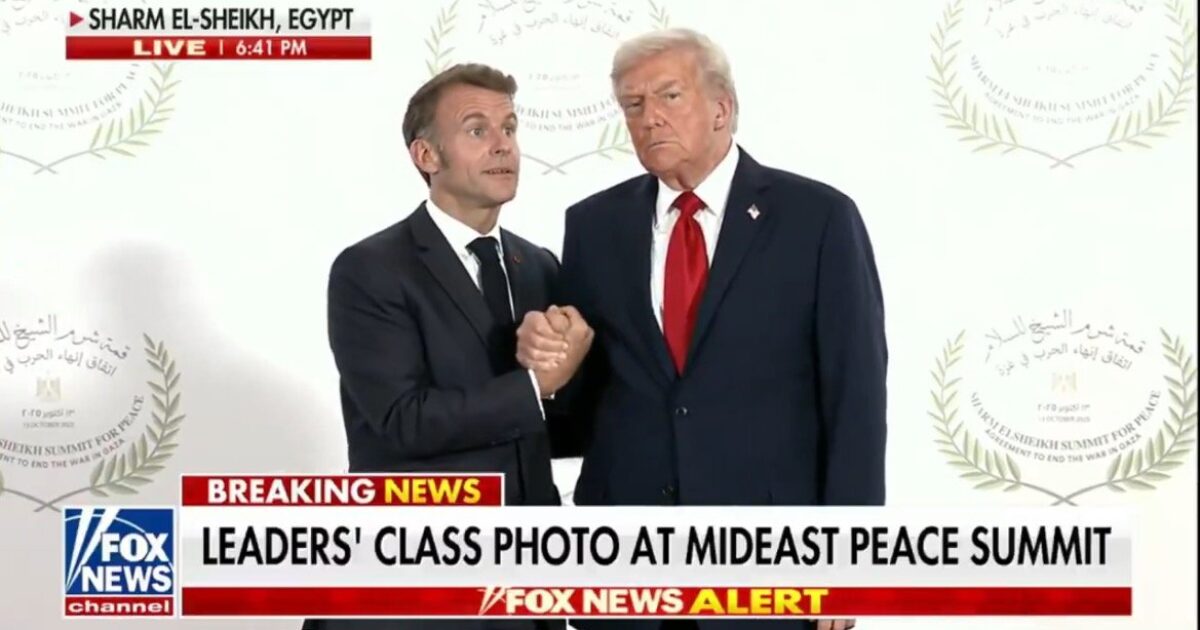 Leaders Emmanuel Macron and Donald Trump pose for a class photo at the Mideast Peace Summit in Sharm El-Sheikh, Egypt, highlighting international diplomatic efforts.