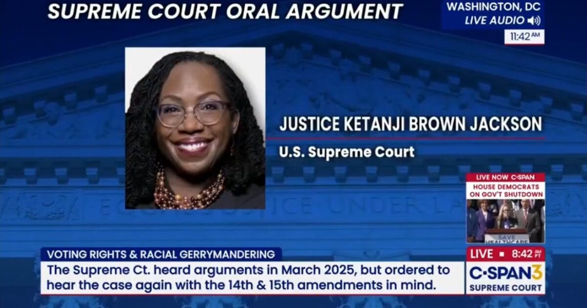 Justice Ketanji Brown Jackson participates in a Supreme Court oral argument regarding voting rights and racial gerrymandering in Washington, DC.
