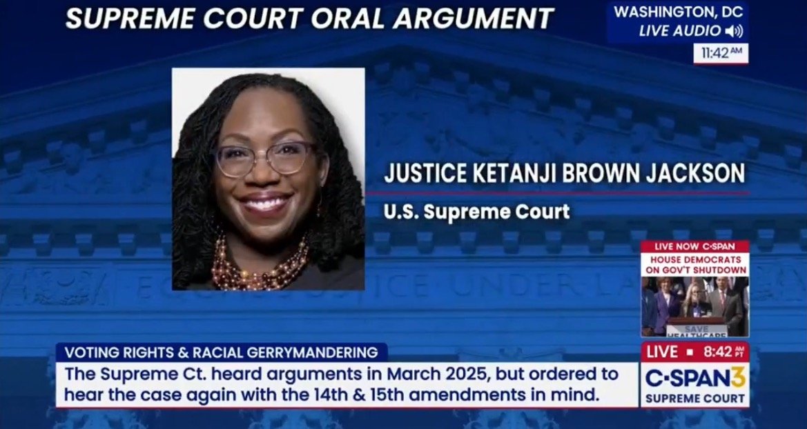 Justice Ketanji Brown Jackson participates in a Supreme Court oral argument regarding voting rights and racial gerrymandering in Washington, DC.