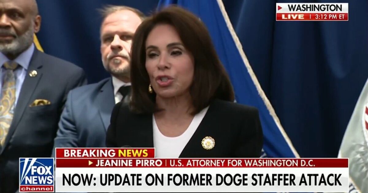 U.S. Attorney Jeanine Pirro delivers a statement on the investigation into a former Doge staffer attack during a press conference in Washington, D.C.