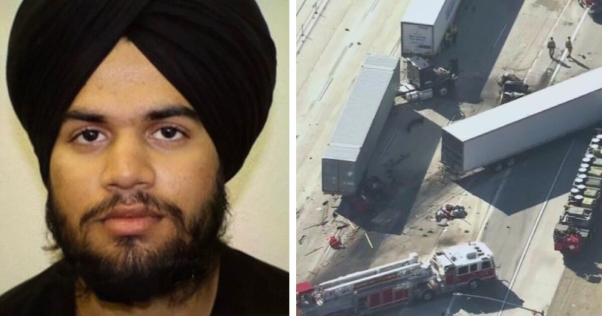 Image shows a man wearing a turban next to an aerial view of a serious truck accident scene with emergency responders on-site.