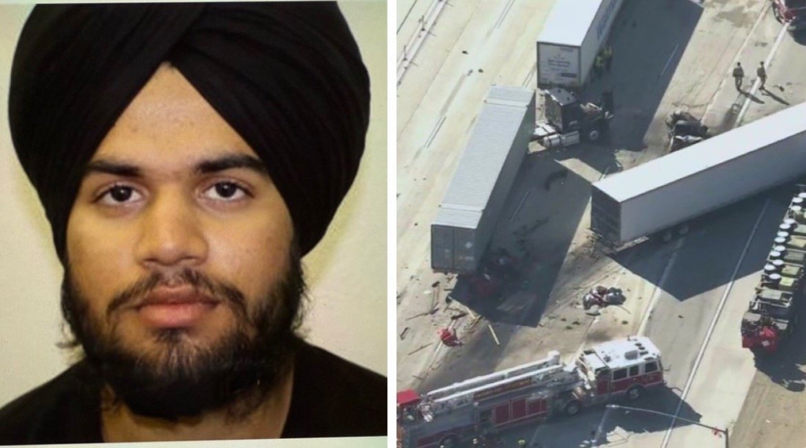 Image shows a man wearing a turban next to an aerial view of a serious truck accident scene with emergency responders on-site.
