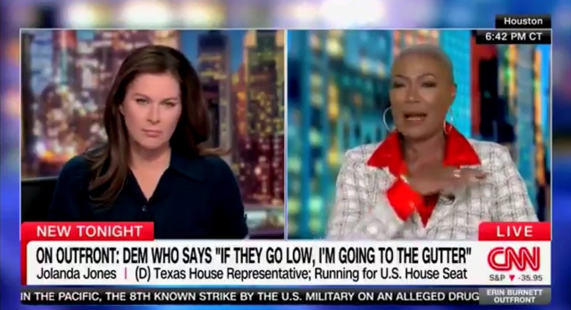 Jolanda Jones, Texas House Representative, discusses her political stance during a CNN interview with Erin Burnett in Houston.