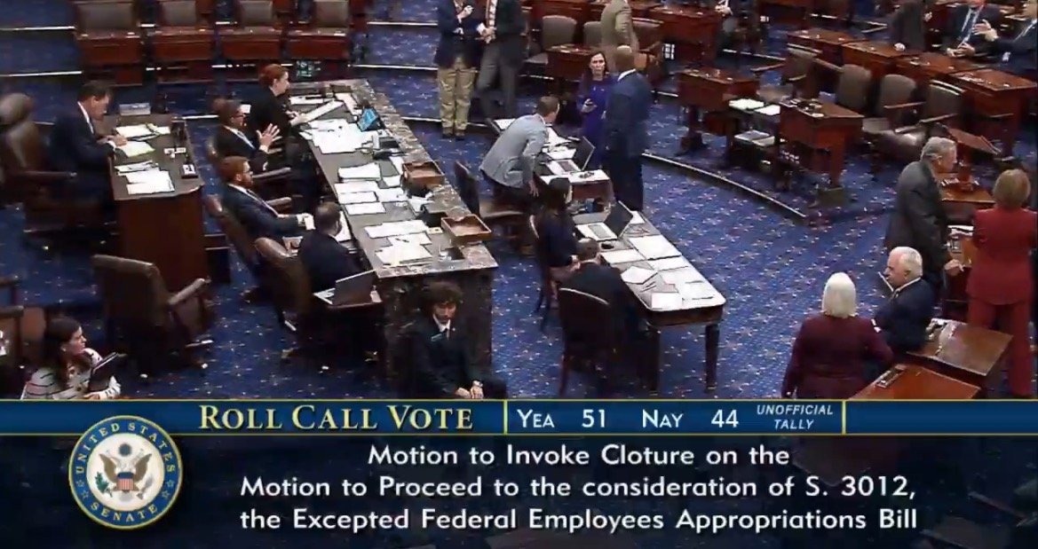 U.S. Senate members participate in a roll call vote on the motion to invoke cloture for the Excepted Federal Employees Appropriations Bill, showing voting results.