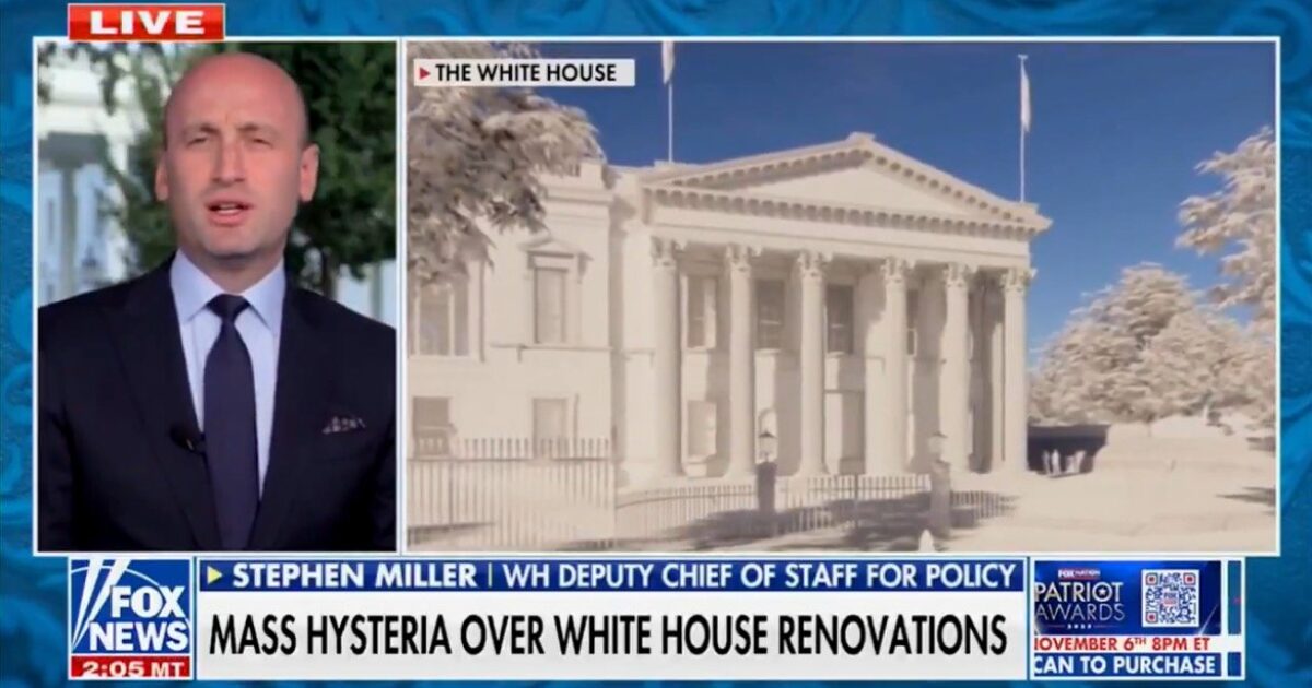 Stephen Miller discusses public reaction to White House renovations during a live segment on Fox News, with the White House in the background.
