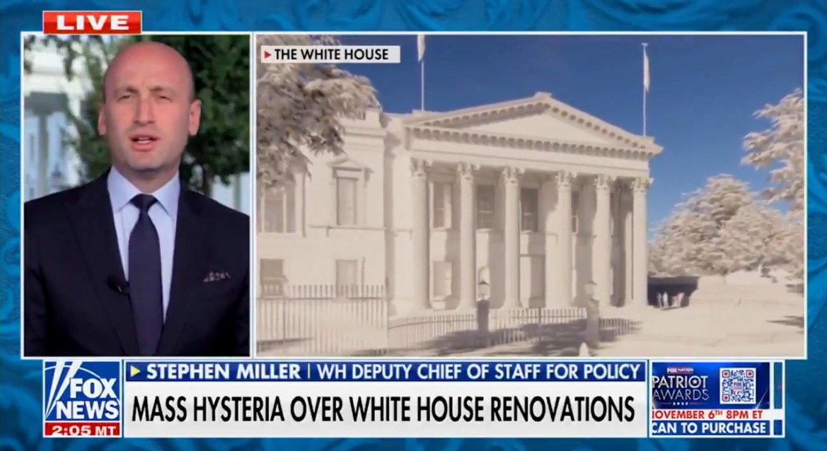 Stephen Miller discusses public reaction to White House renovations during a live segment on Fox News, with the White House in the background.