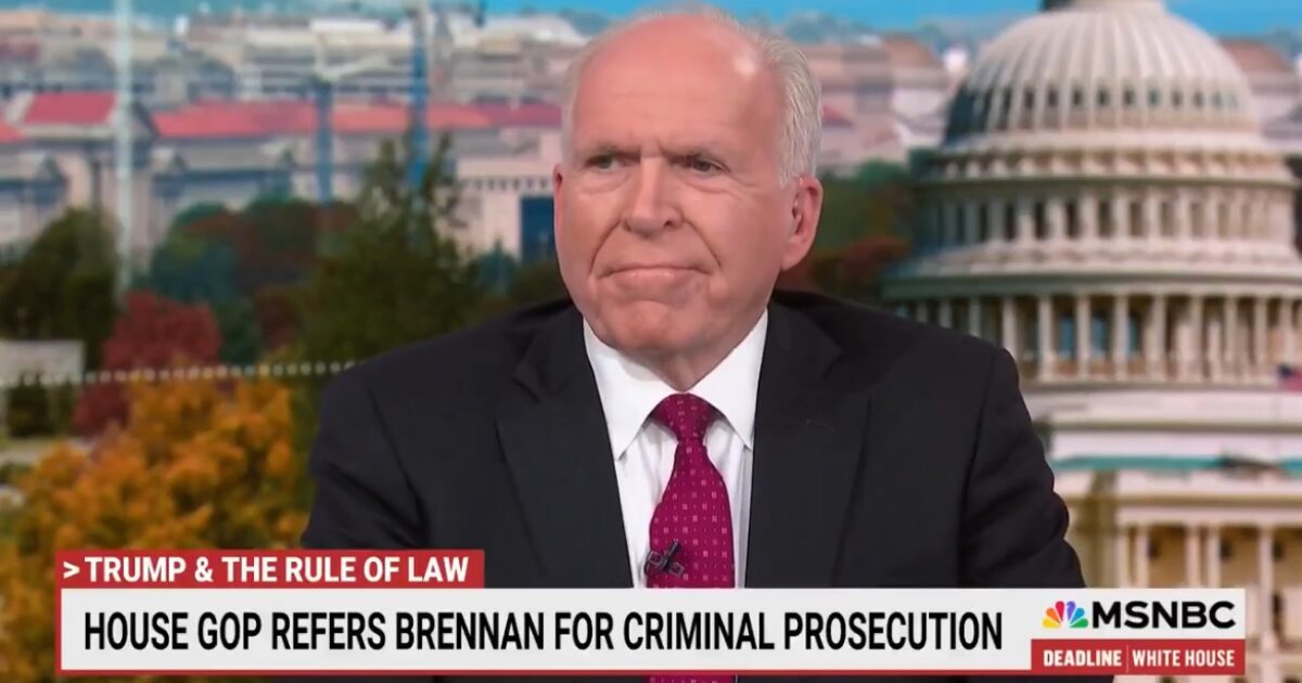 John Brennan discusses the House GOP's referral for his criminal prosecution during an MSNBC segment, with the U.S. Capitol in the background.