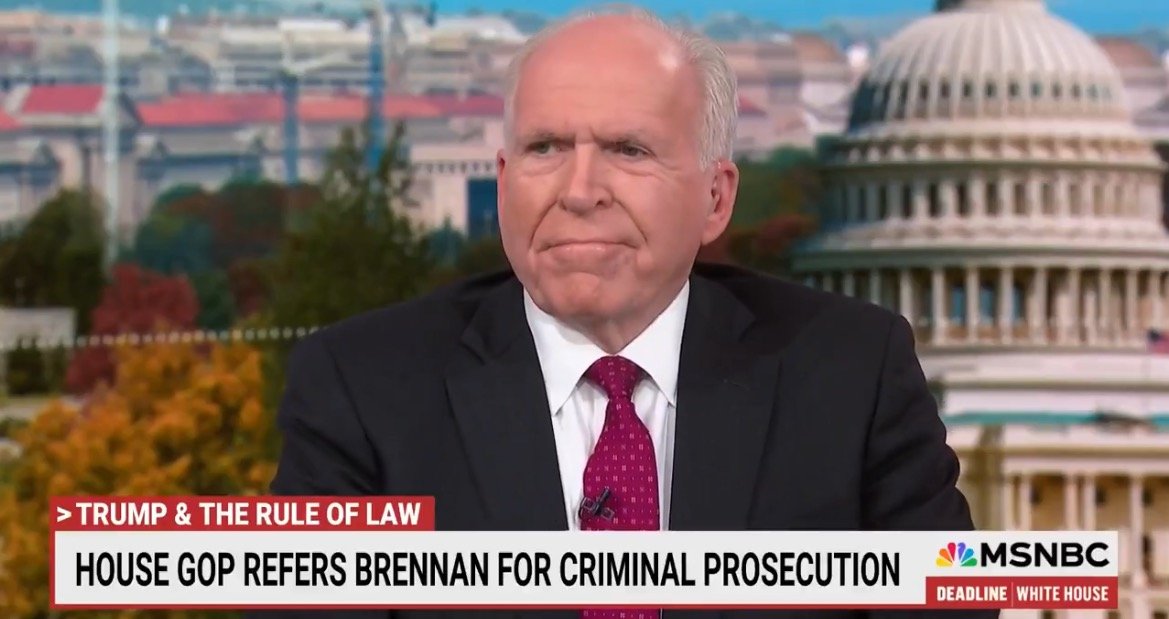John Brennan discusses the House GOP's referral for his criminal prosecution during an MSNBC segment, with the U.S. Capitol in the background.