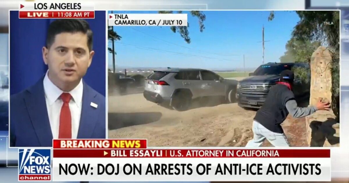 U.S. Attorney Bill Essayli discusses the Department of Justice's actions regarding arrests of anti-ICE activists during a news segment in California.