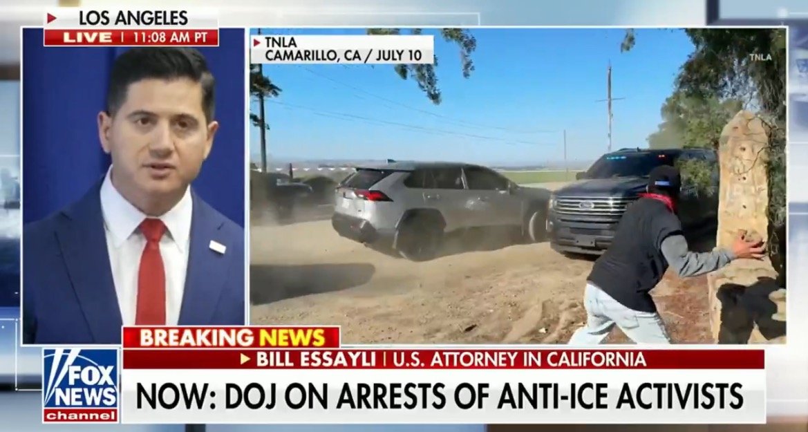 U.S. Attorney Bill Essayli discusses the Department of Justice's actions regarding arrests of anti-ICE activists during a news segment in California.