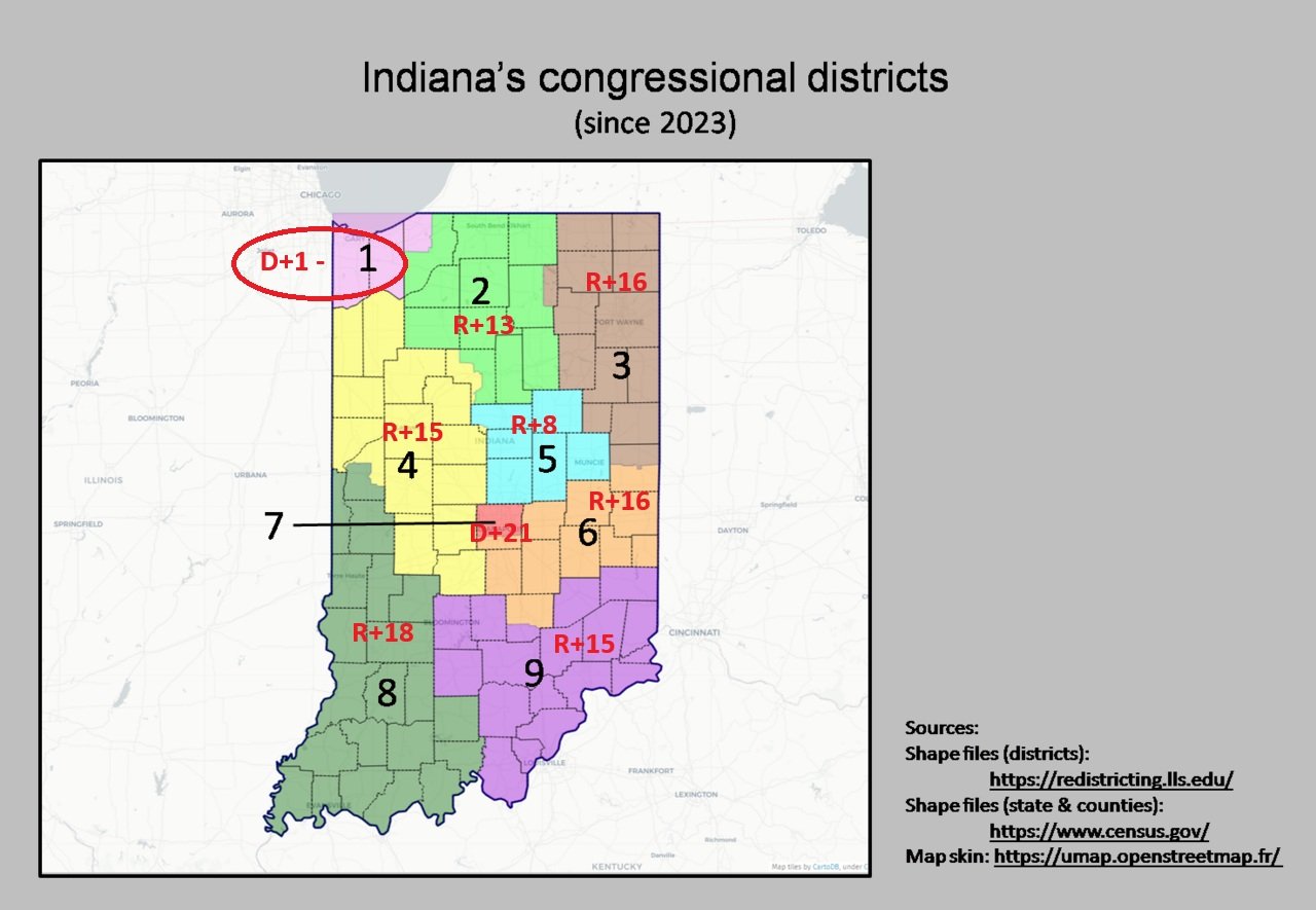 Map of Indiana's congressional districts as of 2023, showing district boundaries and party affiliations for each district.