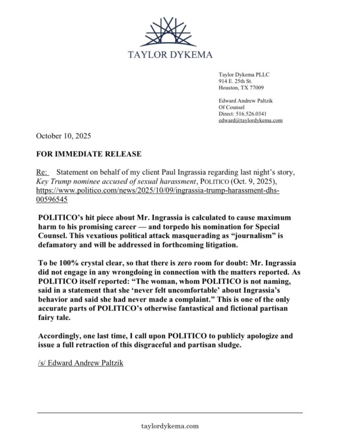 Press release from Taylor Dykema PLLC addressing Paul Ingrassia's response to allegations of sexual harassment reported by Politico, emphasizing the intent to challenge the claims legally.