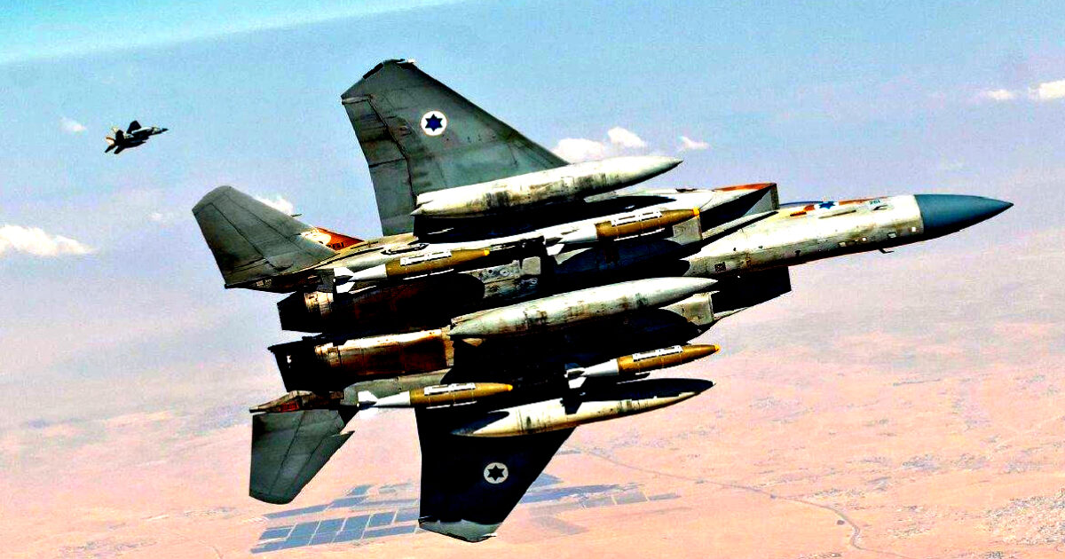 Israeli F-15 fighter jet with missiles in flight, showcasing military aviation capabilities against a desert backdrop.