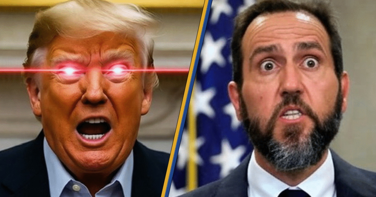 Image of a digitally altered Donald Trump with glowing red eyes, shouting, alongside a concerned-looking individual, set against a backdrop of the American flag.