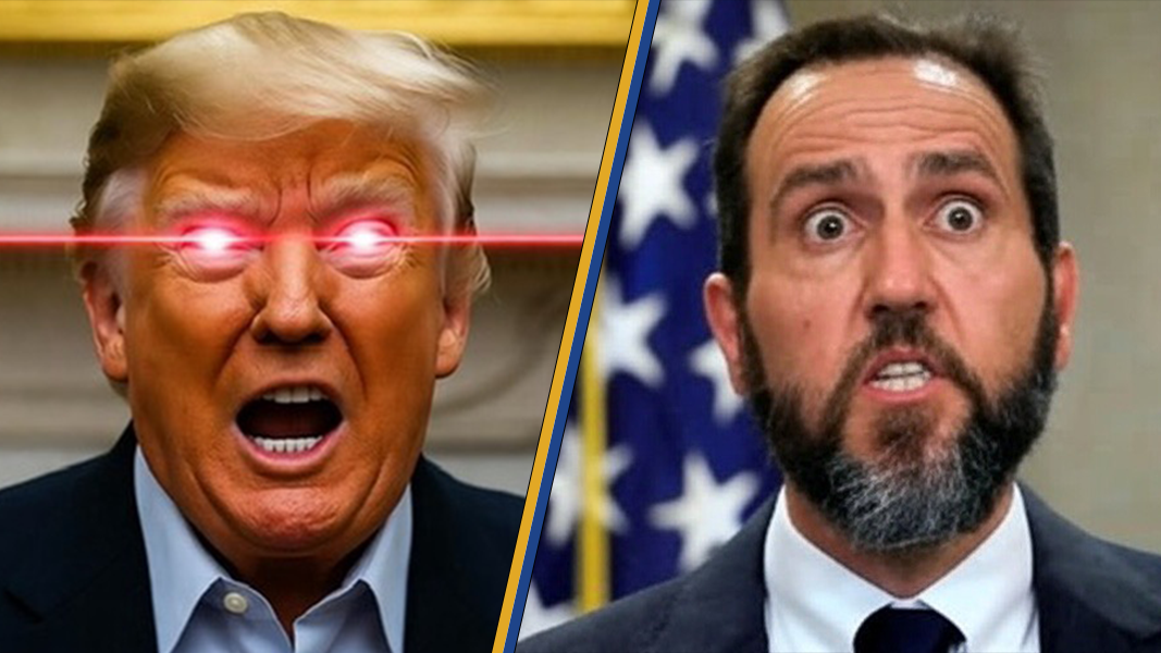 Image of a digitally altered Donald Trump with glowing red eyes, shouting, alongside a concerned-looking individual, set against a backdrop of the American flag.