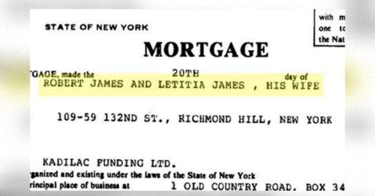 Mortgage document from the State of New York for Robert and Letitia James, detailing property address in Richmond Hill.