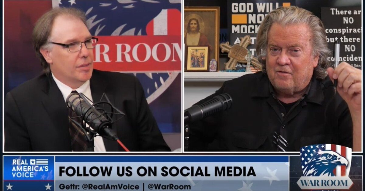 Two men discussing on a podcast set, featuring microphones and various decorations, emphasizing social media engagement for the show "War Room."