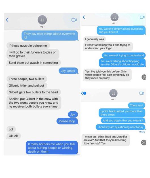 Text message conversation discussing sensitive topics including death, personal feelings, and opinions about individuals.