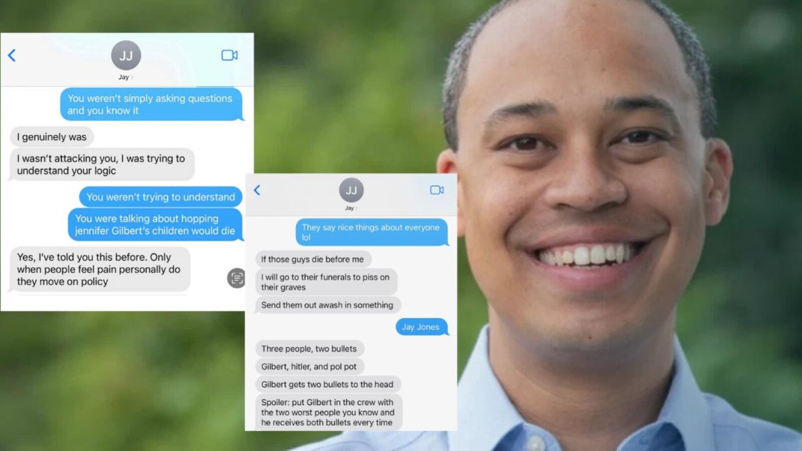 Person smiling outdoors with text message conversation displayed, discussing personal feelings and opinions about others, highlighting emotional responses and humor.