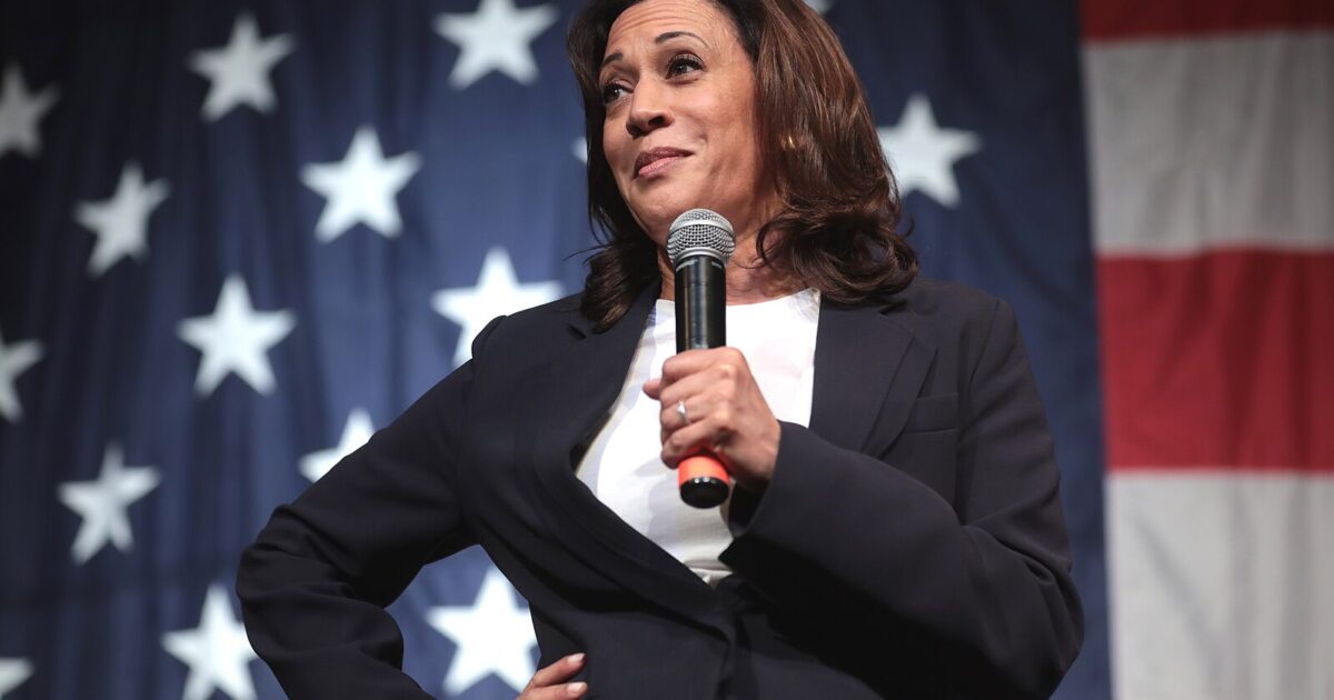 Kamala Harris speaking at a podium with a microphone, set against a backdrop of the American flag.