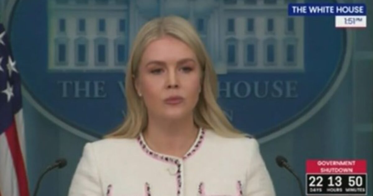 White House press briefing featuring a speaker discussing government shutdown details, with a countdown timer displayed on the screen.