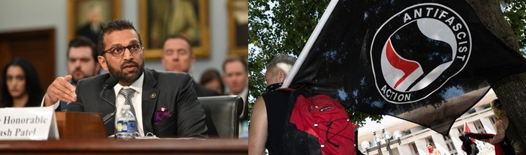 Image shows a congressional hearing with a speaker at a table and a protester holding an Antifa flag, illustrating political discourse and activism.