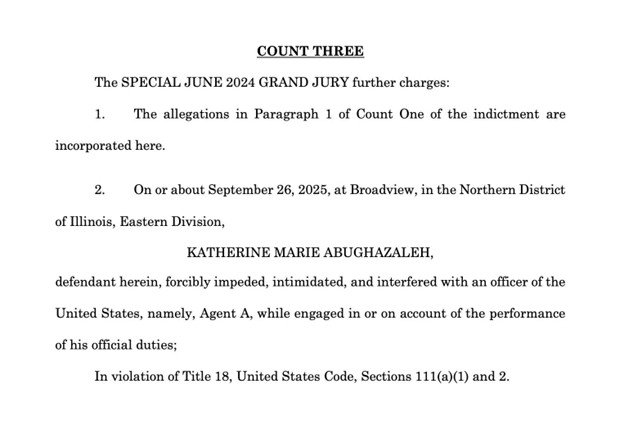 Document detailing charges against Katherine Marie Abughazaleh by the Special June 2024 Grand Jury, including violations of U.S. Code Title 18, Sections 111(a)(1) and 2.