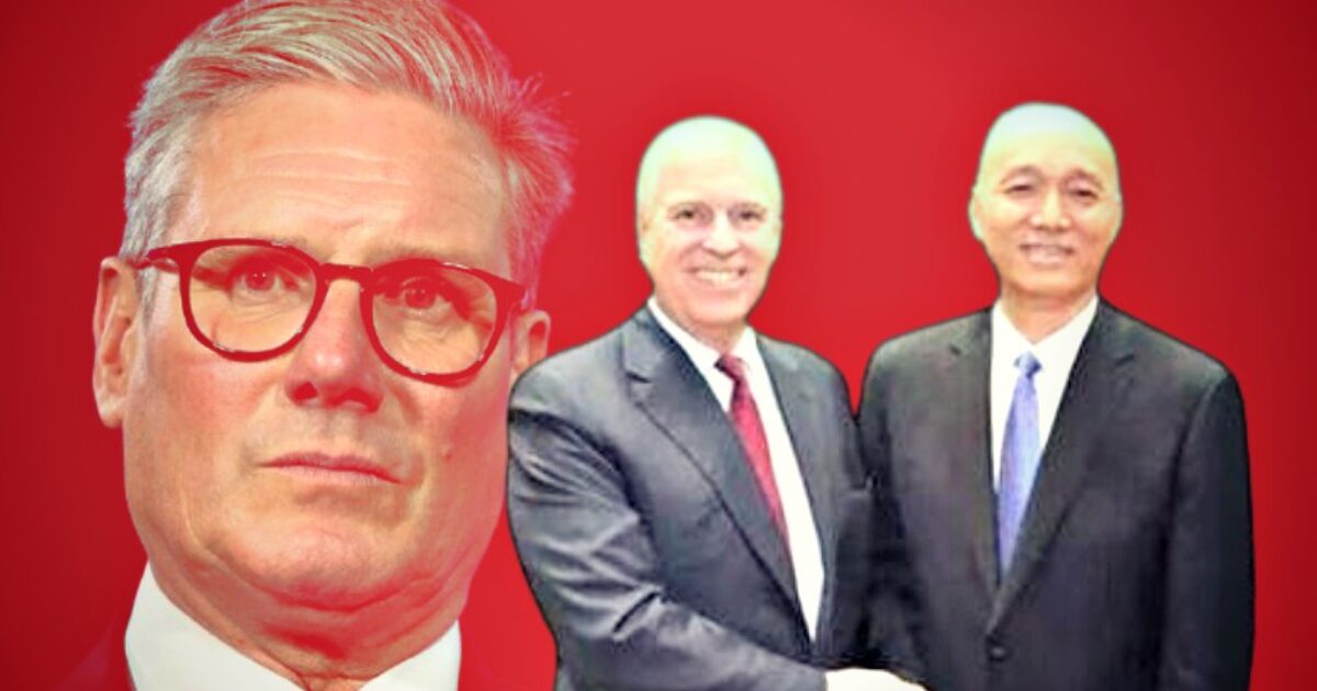 Portrait of a serious man with glasses alongside two business professionals shaking hands, set against a vibrant red background.