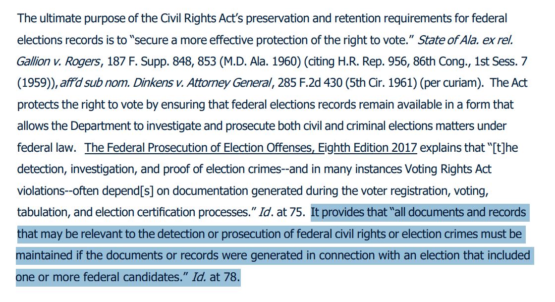 Text excerpt discussing the Civil Rights Act's preservation of federal election records to protect voting rights and facilitate investigations into election crimes.