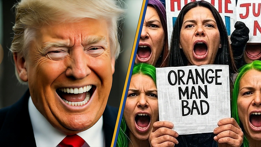 Former President Donald Trump laughing alongside protesters holding signs with anti-Trump messages, showcasing a divide in public opinion.