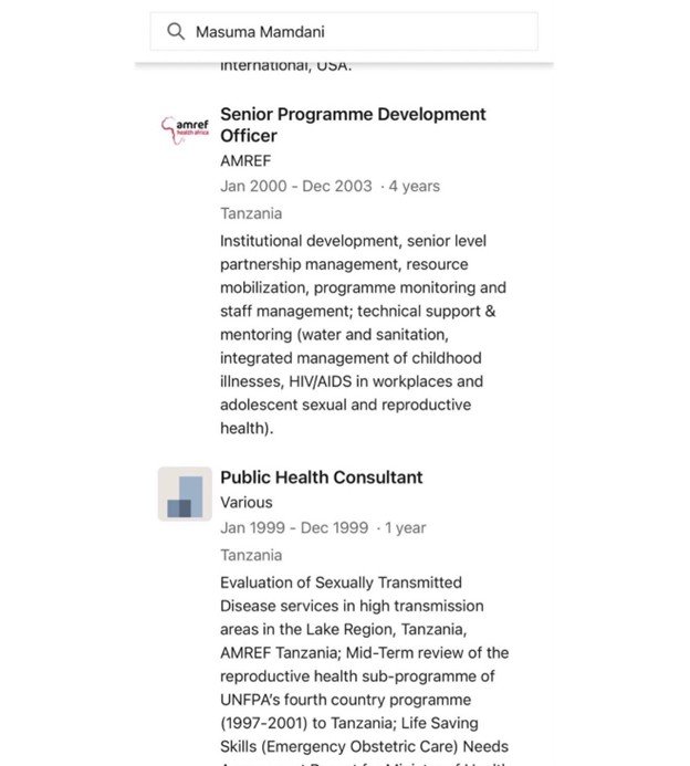 Professional profile of Masuma Mamdani highlighting experience in health program development and public health consultancy in Tanzania.