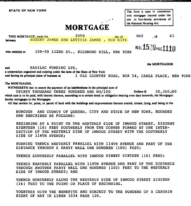 Mortgage document from the State of New York detailing a loan agreement between Robert and Letitia James and Kadilac Funding Ltd., including property description and financial terms.