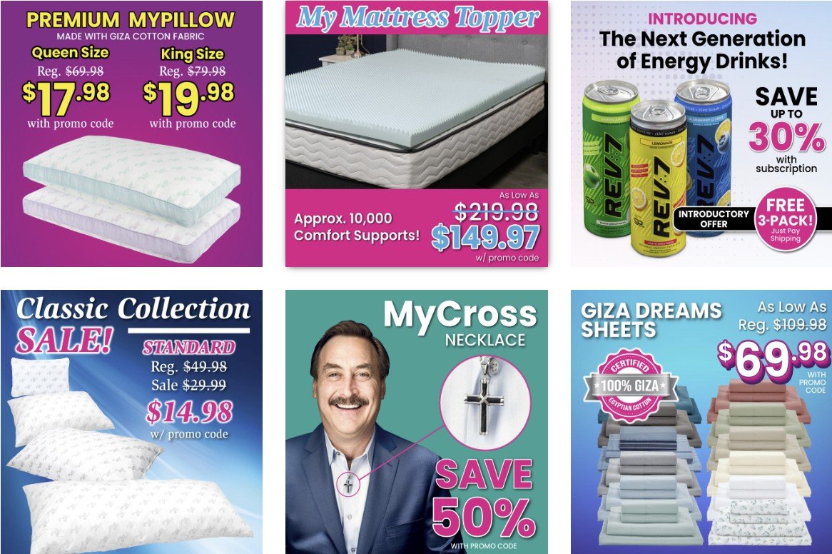 Promotional image featuring discounted bedding products, energy drinks, and jewelry, highlighting prices and special offers with promo codes for savings.