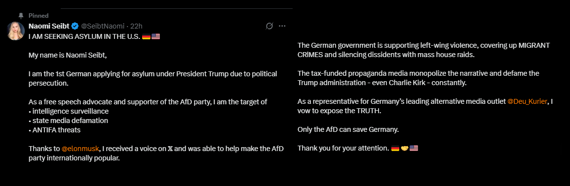 Naomi Seibt seeks asylum in the U.S. due to political persecution in Germany, advocating for free speech and the AfD party amidst government oppression.