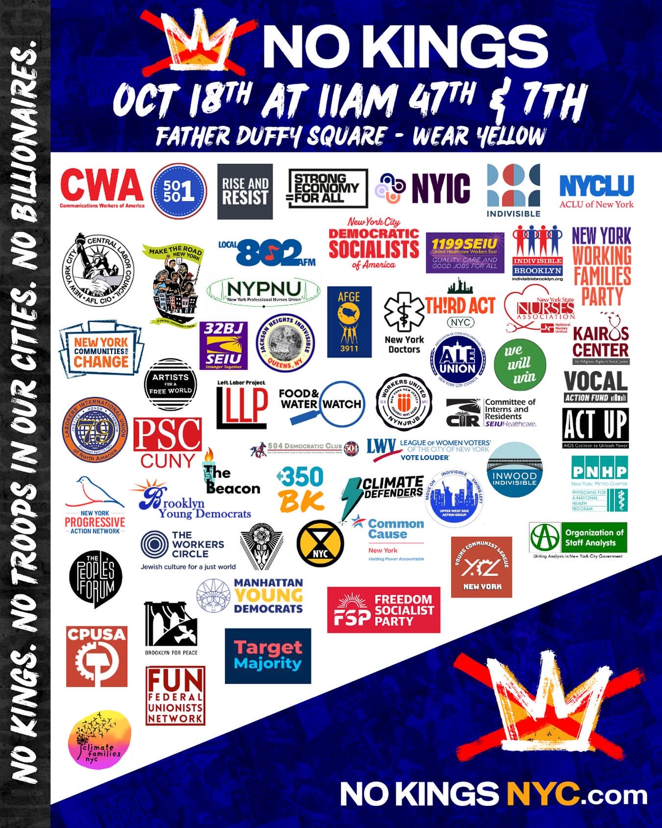Event flyer for the No Kings rally on October 18th at Father Duffy Square, featuring various organizations and encouraging attendees to wear yellow.