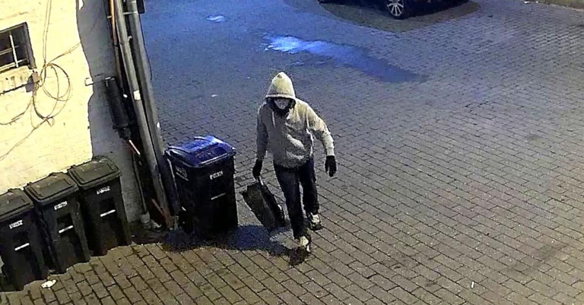 A hooded figure carrying a bag walks near trash bins in a dimly lit alleyway at night.