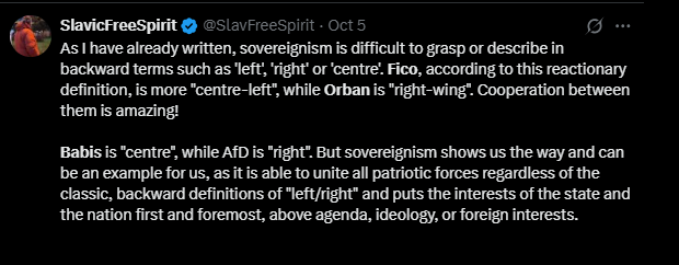 Tweet discussing the complexities of sovereignty, political alignment, and the importance of national interests over ideological divisions.