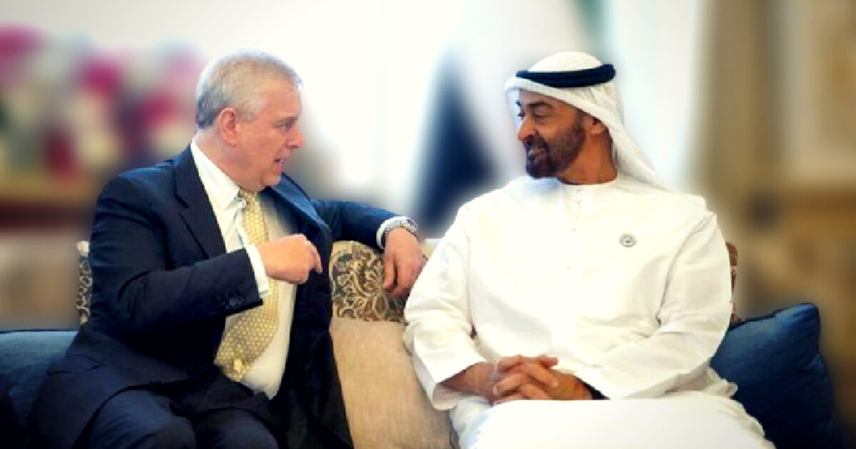 Two men engaged in a conversation on a sofa, representing diplomatic relations, with one in formal attire and the other in traditional Emirati dress.